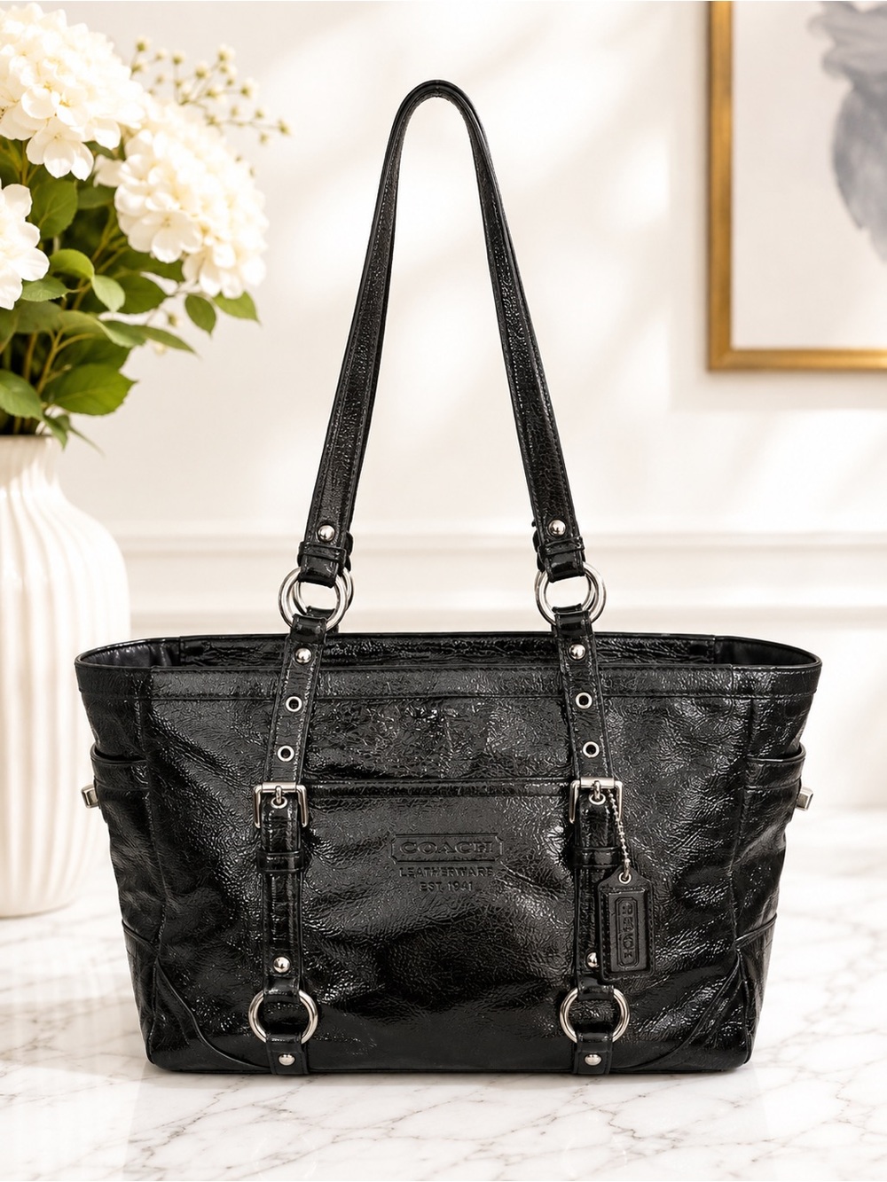 Vintage Y2K Coach Black Patent Leather East West Gallery Tote Shoulder Bag 10380